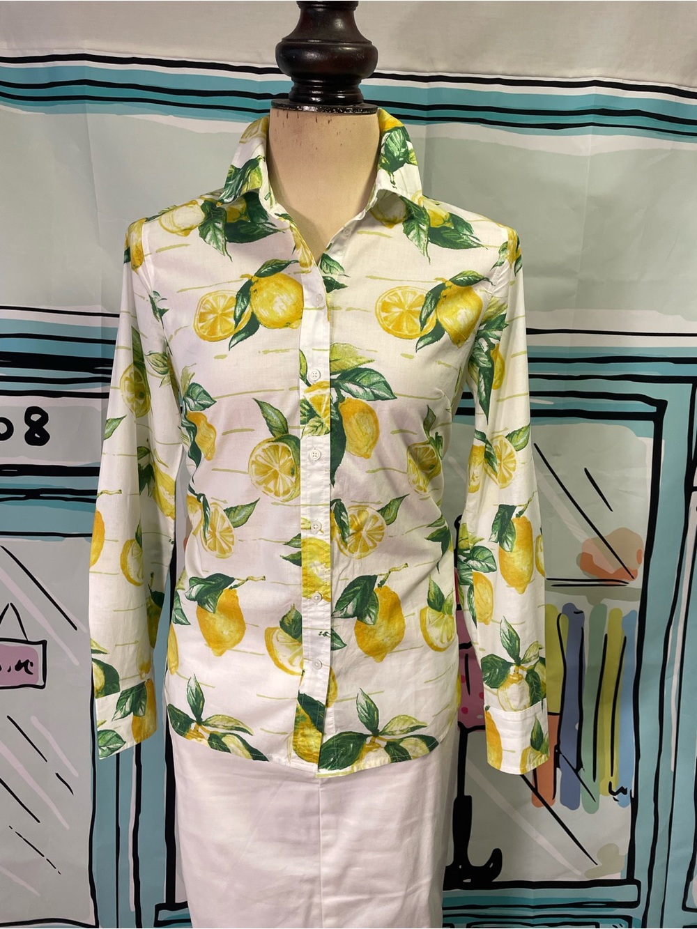 Talbots White Button-Down Shirt with Yellow Lemon Print